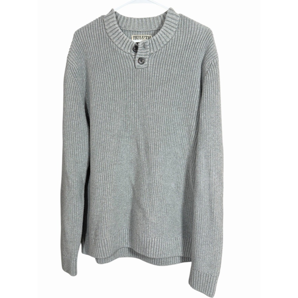 Duluth Trading Co 100% Cotton Gray Rib Knit Sweater 2XL Mock Neck Button Thick